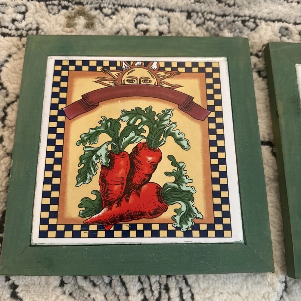 Vintage Vegetables And Sun Decor Wall Art 90s Plaques Ceramic Wood 6.5